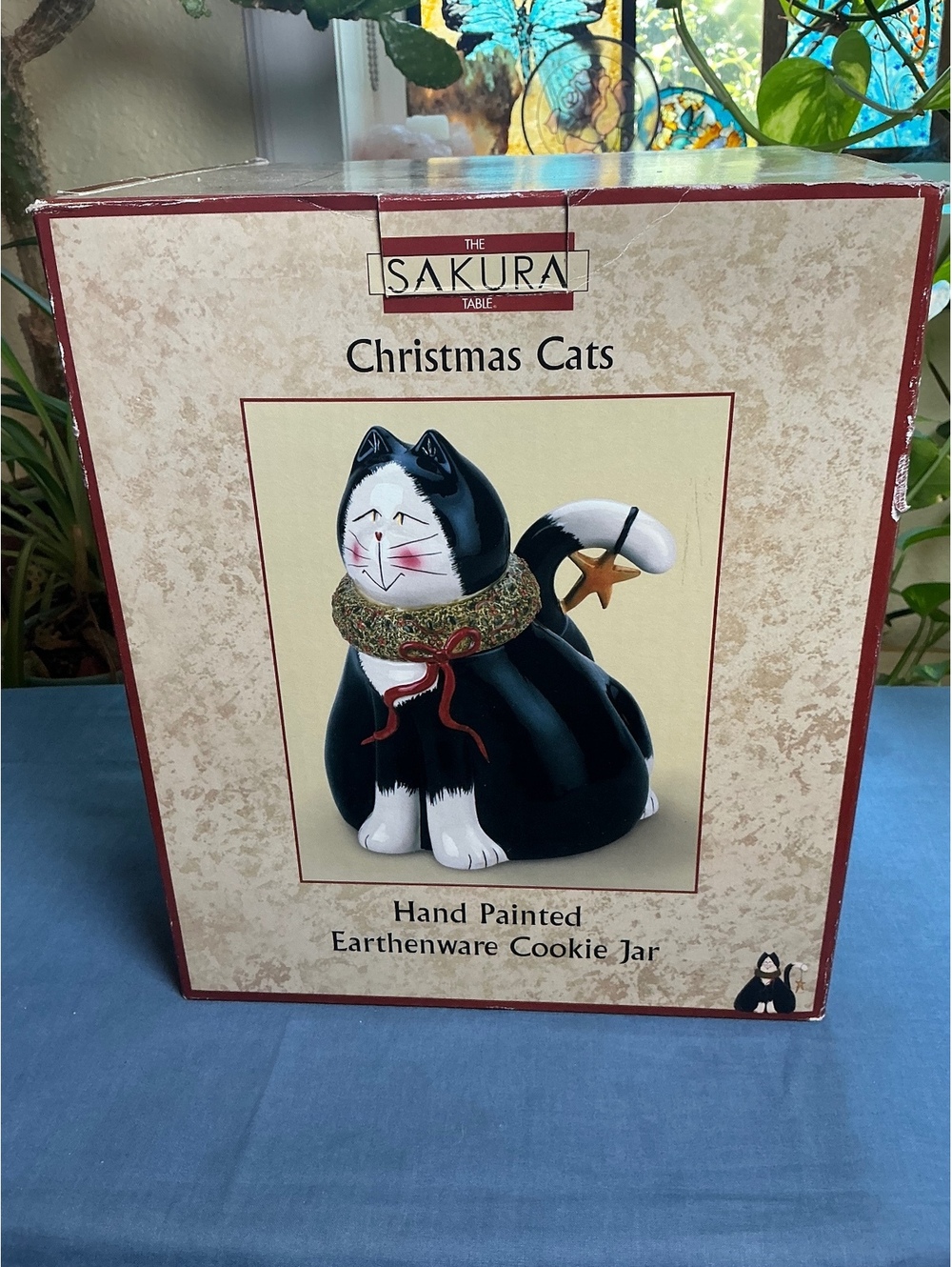 Sakura Vintage Black & White Christmas Cat Cookie Jar 10"x9"